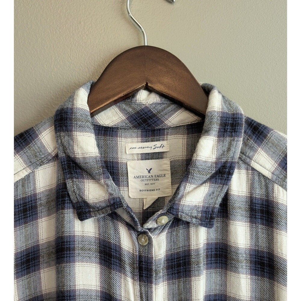 American Eagle Plaid Flannel Shirt Womens XL Blue White Boyfriend Fit LS AE